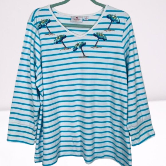 Quacker Factory Sequin Beach Umbrella Striped Top Size XL White/Blue Worn Once - Picture 1 of 9